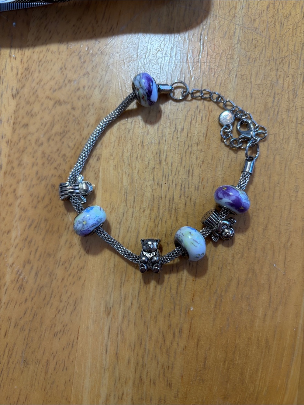 Silver Tone Adjustable Charm Bracelet with Purple and White Glass Beads